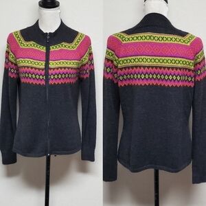 VINTAGE Alpaca Imports Pink Fair Isle Grey Wool Alpaca Full-zip Cardigan Sweater